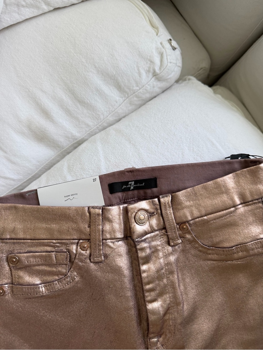 7 For all of mankind Metallic Rose Gold Women's Skinny Jeans - Picture 4 of 4
